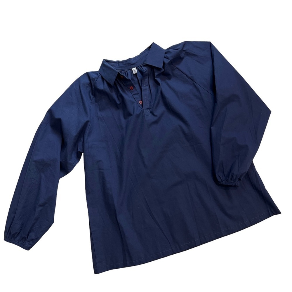 MISSLOOK Navy Blue Collared Peasant Blouse Red Buttons Pullover Blousy Size L